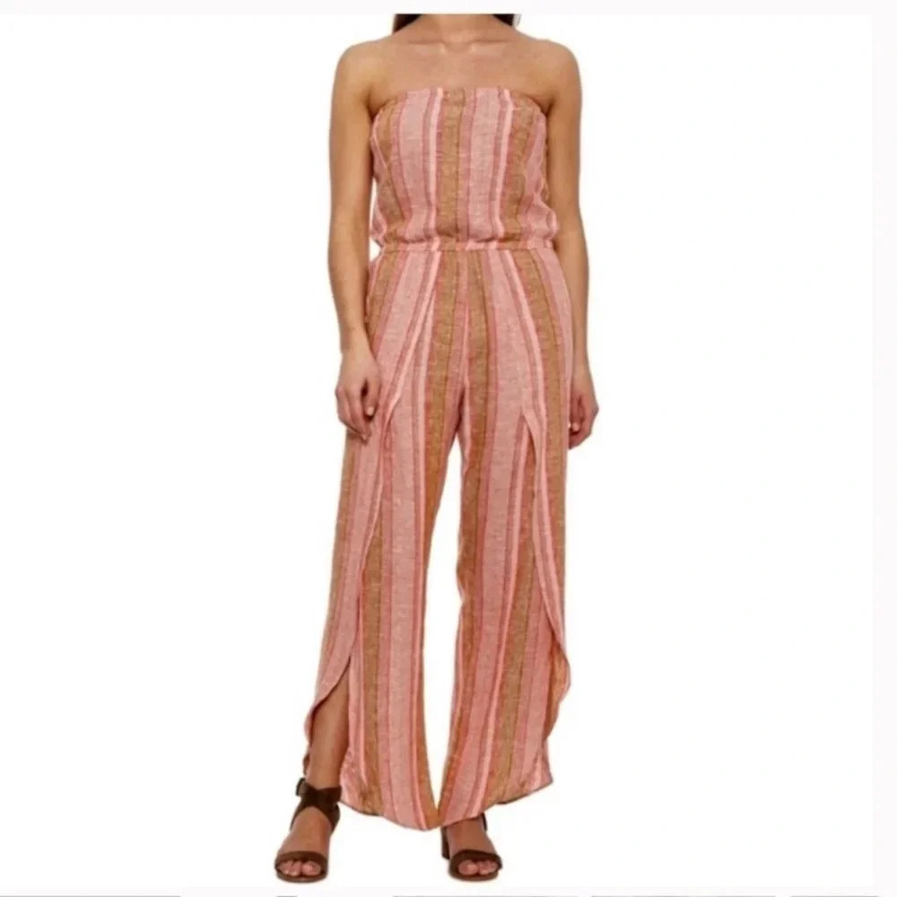 NWT DREW Anthropologie Linen Blend Striped Strapless Jumpsuit Size: L
